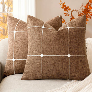 Pack of 2 Decorative Faux Linen Jacquard Check Throw Pillow Covers Farmhouse Cushion Cover with Grid Textured Accent