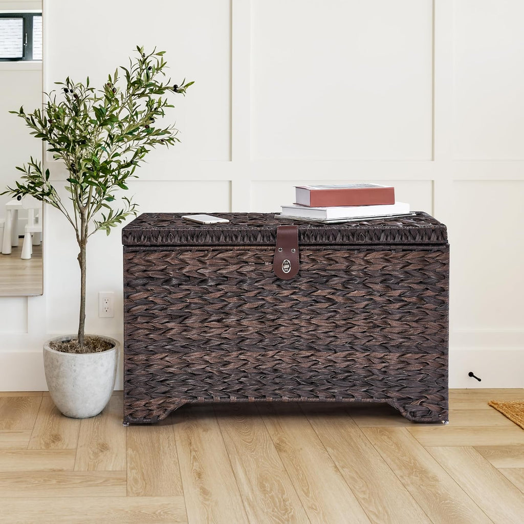 165L Handwoven Wicker Storage Basket with Lid, Large Storage Trunk | Leather Buckle Closure; Waterproof PP Wicker;