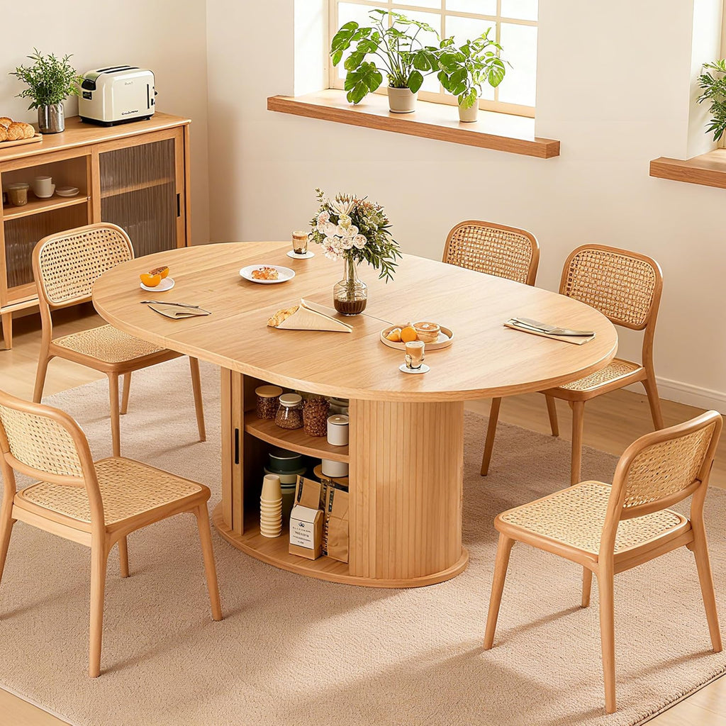 Extendable Round Dining Table for 2-4-6, 63 Inch Dining Room Kitchen Table with 2-Tier Storage Shelf, Modern
