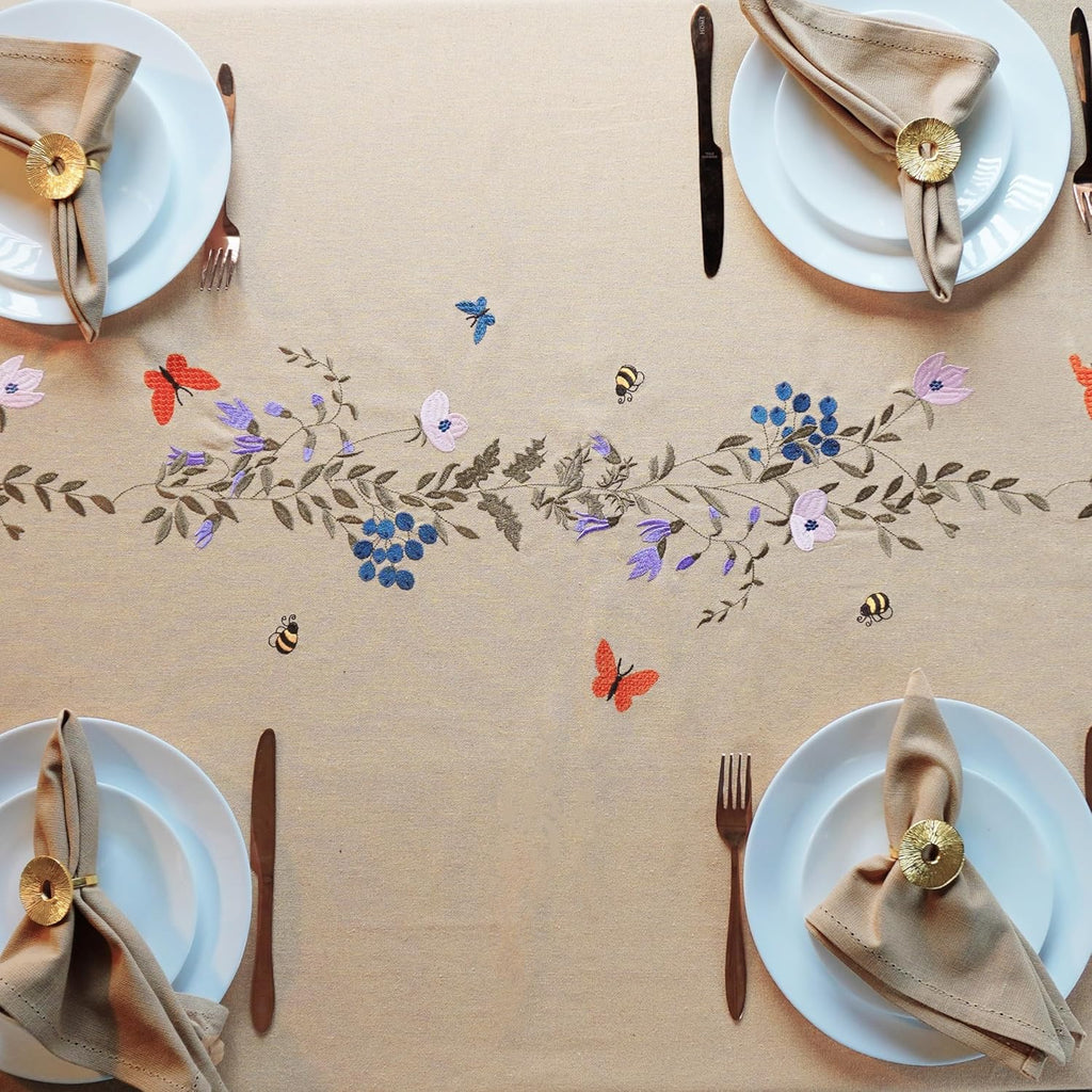 Embroidered Cotton Tablecloth 60 x 60 Inch Square - Washable & Colorfast Table Cover, Farmhouse, Kit