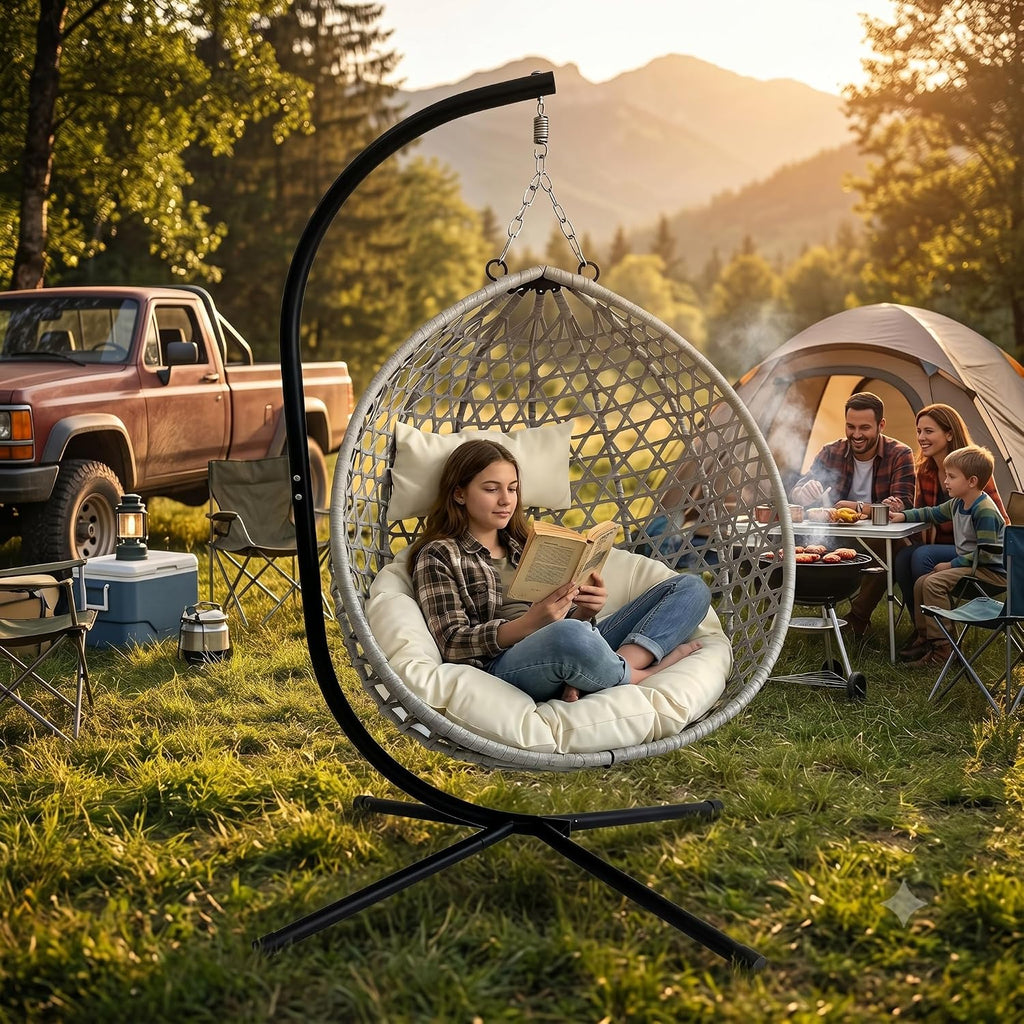 Outdoor Hanging Egg Chair with Stand Patio Egg Swing Chair Rattan Wicker Hammock with Stand for Outside/Indoor, Heavy