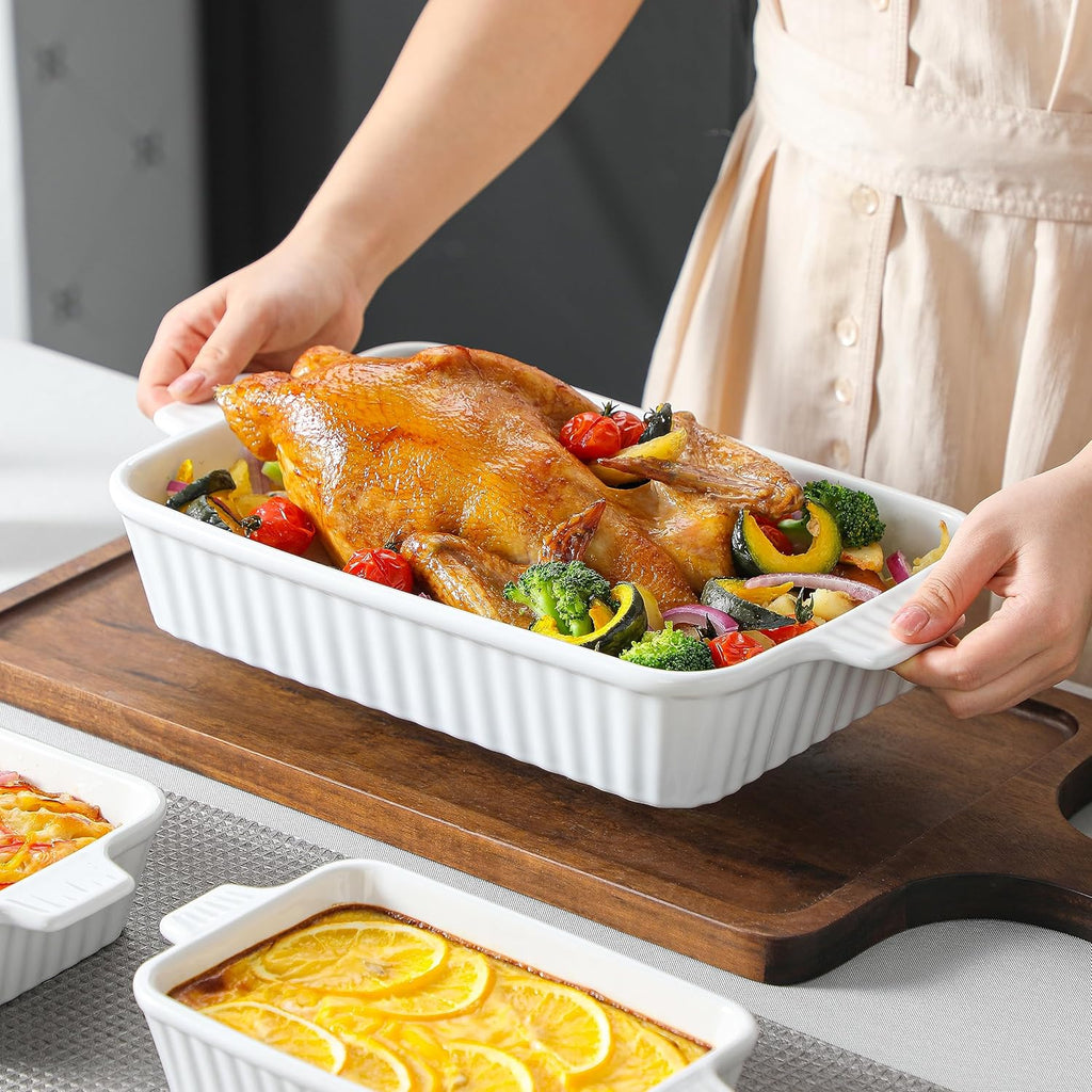 Casserole Dishes for Oven, Ceramic Dishes Set of 4, White | Rectangular Deep Lasagna Pans with Handles for Roasting