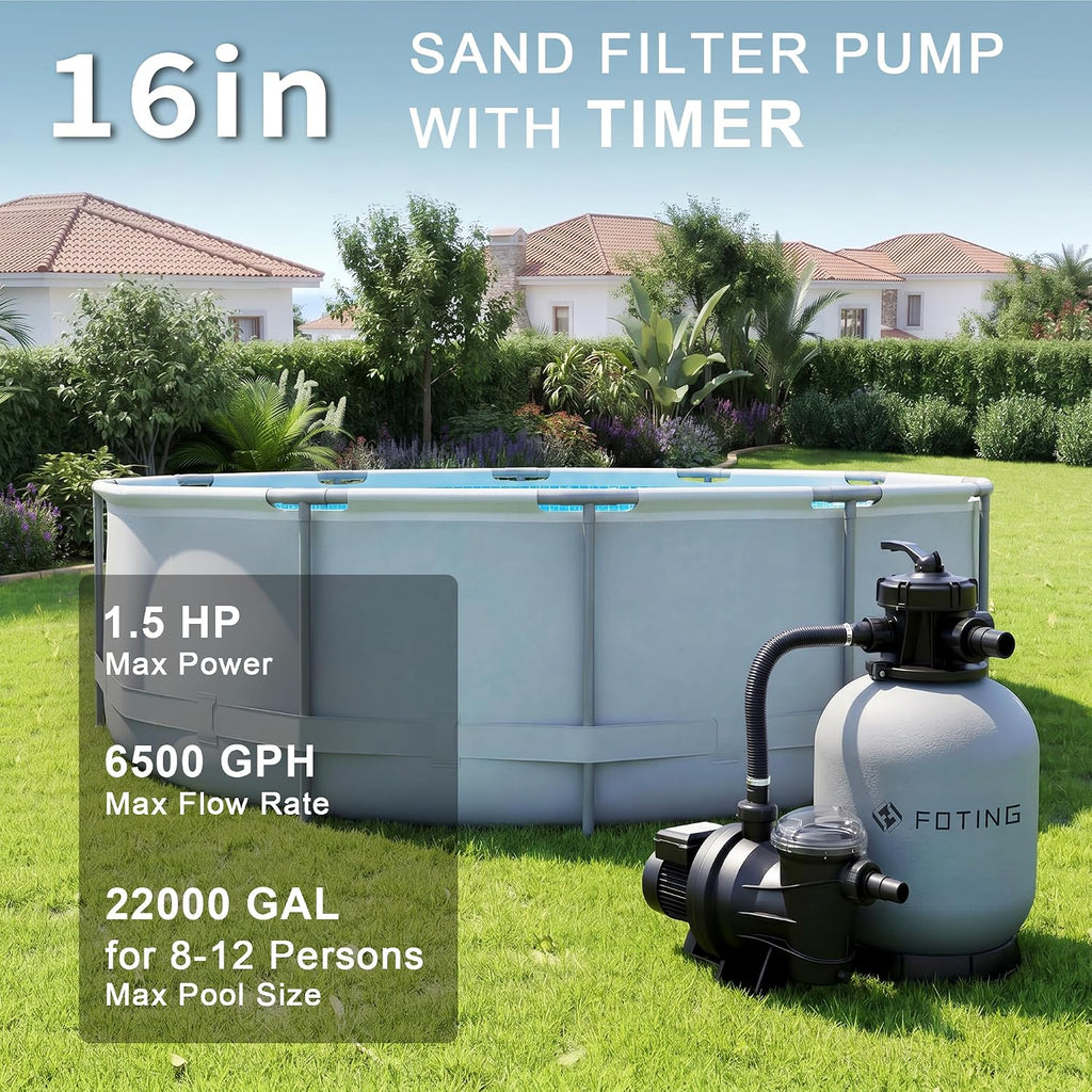 16in 1.5 HP Sand Filter Pump for Above Ground Pool, 6500 GPH Pool Pumps Above Ground for Pools up to 22000 GAL, Sand