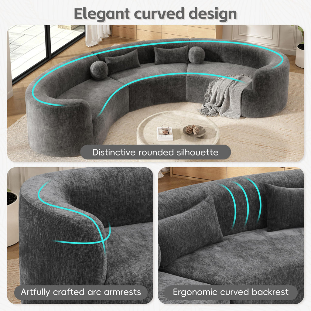6 Seat Modular Curved Sectional Sofa, Frameless Chenille Arc Couch with 4 Pillows, Free Combination with Hook and