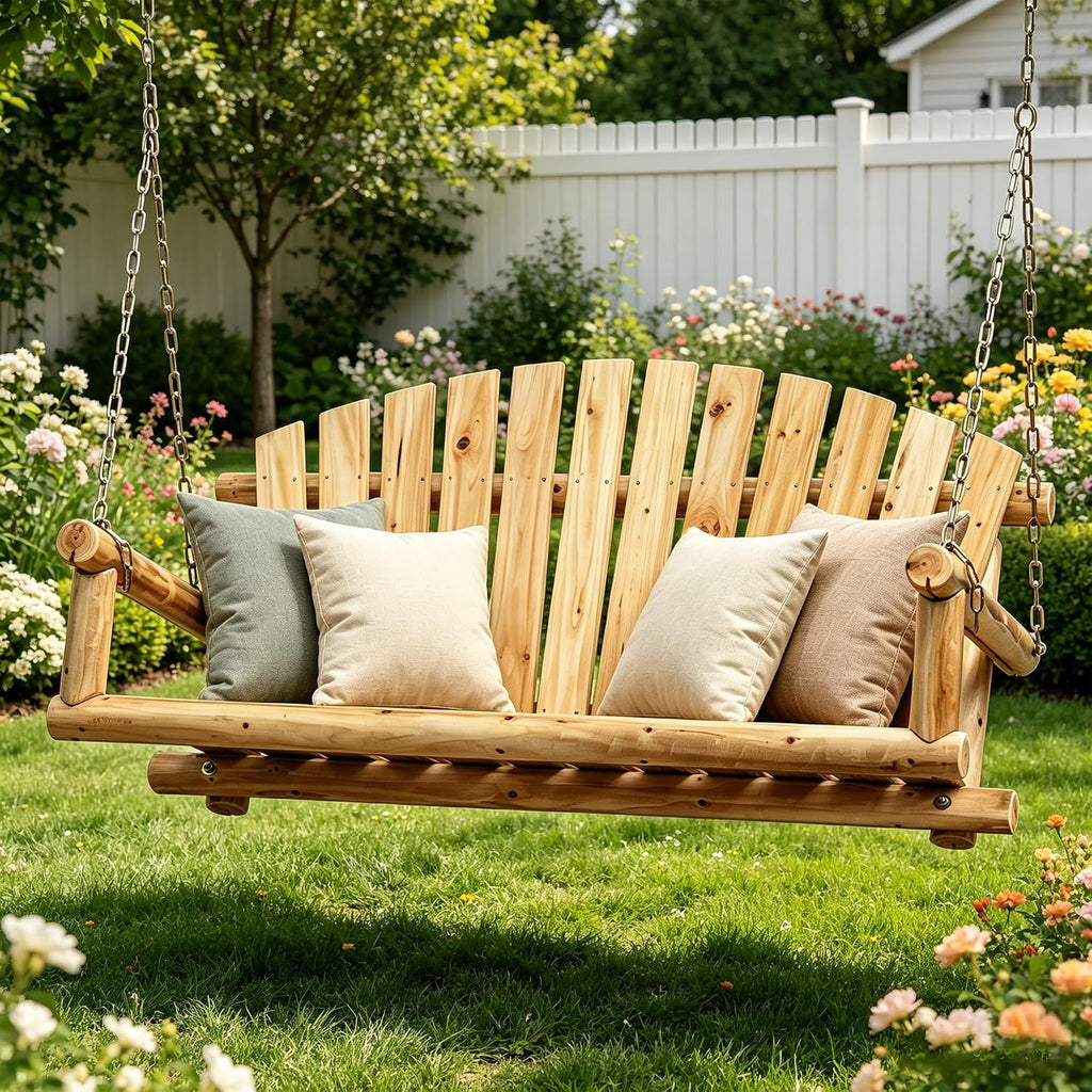 Outdoor Wooden Porch Swing Front Porch Hanging Bench Swing 2 Seat Chair for Garden, Patio, Backyard, Playground, Log