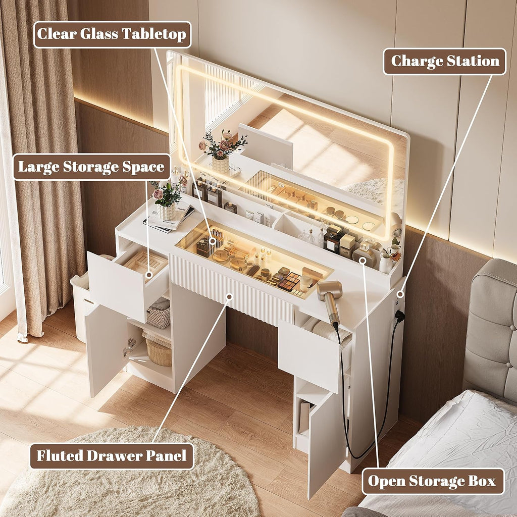Vanity Desk with Large Mirror and Lights, Modern Glass Top Makeup Vanity Set with Power Outlet, 3 Drawers and 2