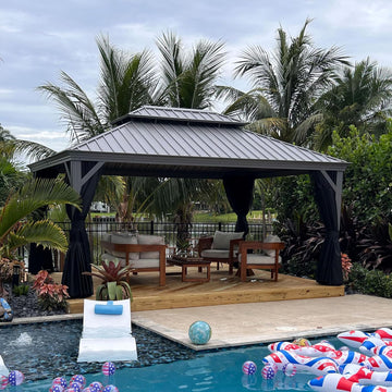 12' x 16' Hardtop Aluminum Gazebo with Double Metal Roof Heavy Duty Permanent Gazebo All Weather Outdoor Pavilion