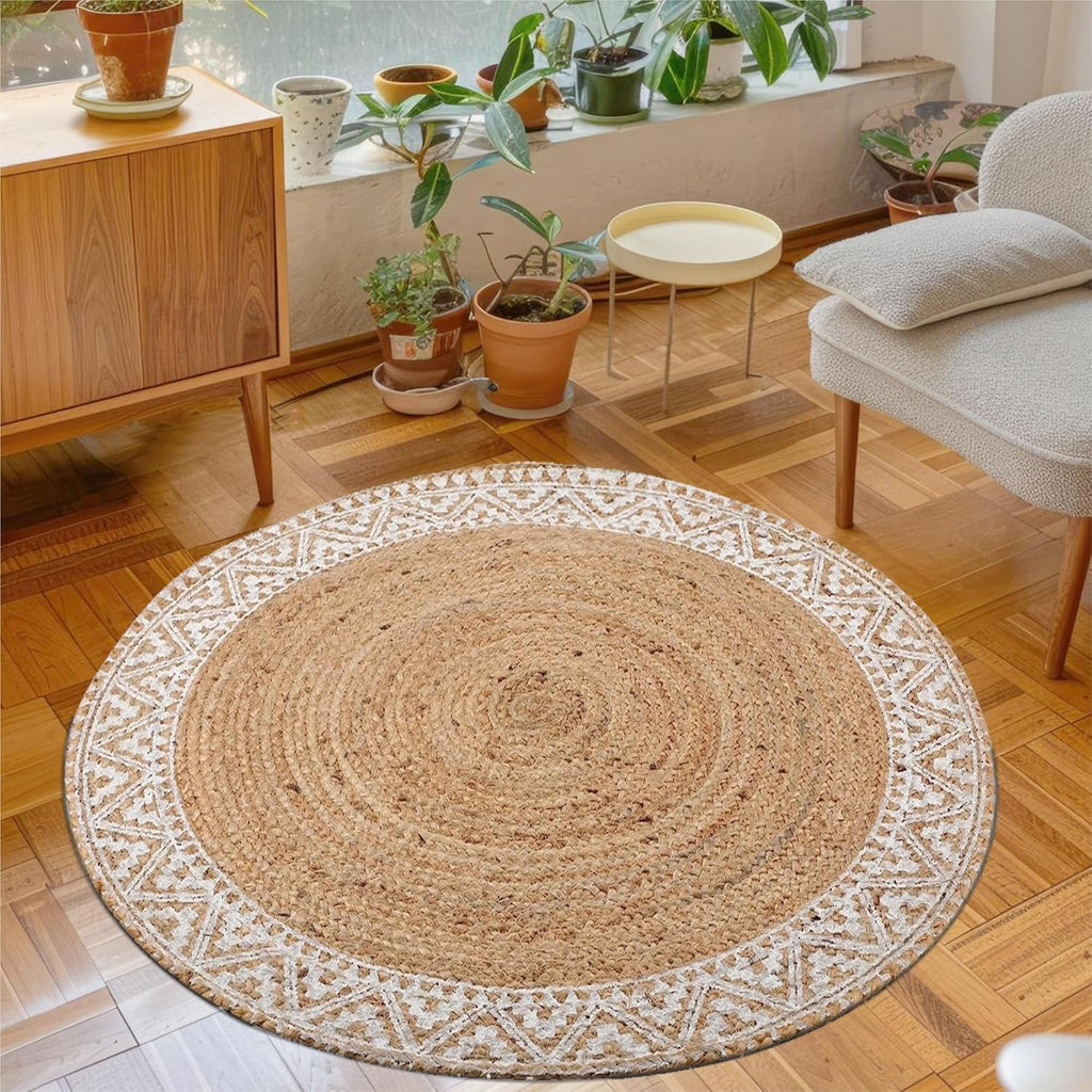 Premium Natural Jute Braided Area Rug, 6-feet Round, White Printed Border, Stain Resistance, Natural