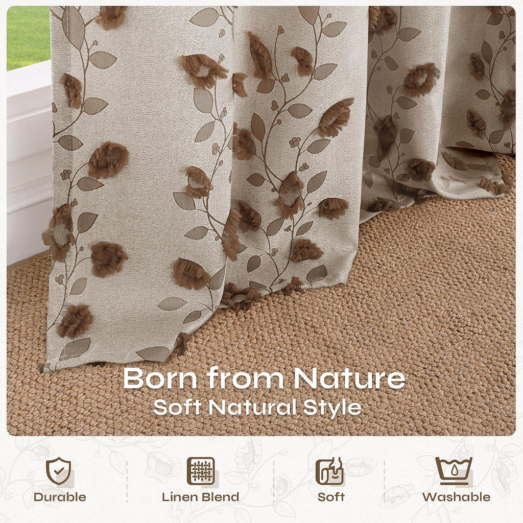 Brown Linen Curtains, Fall Boho Jacquard Leaf Botanical Pattern with Pom Pom Elegant Luxury Soft Farmhouse Vintage