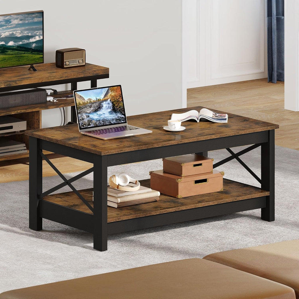 Coffee Tables, Modern Farmhouse Coffee Table with Storage, 2-Tier Center Table Wood Table Accent Cocktail with Stur...