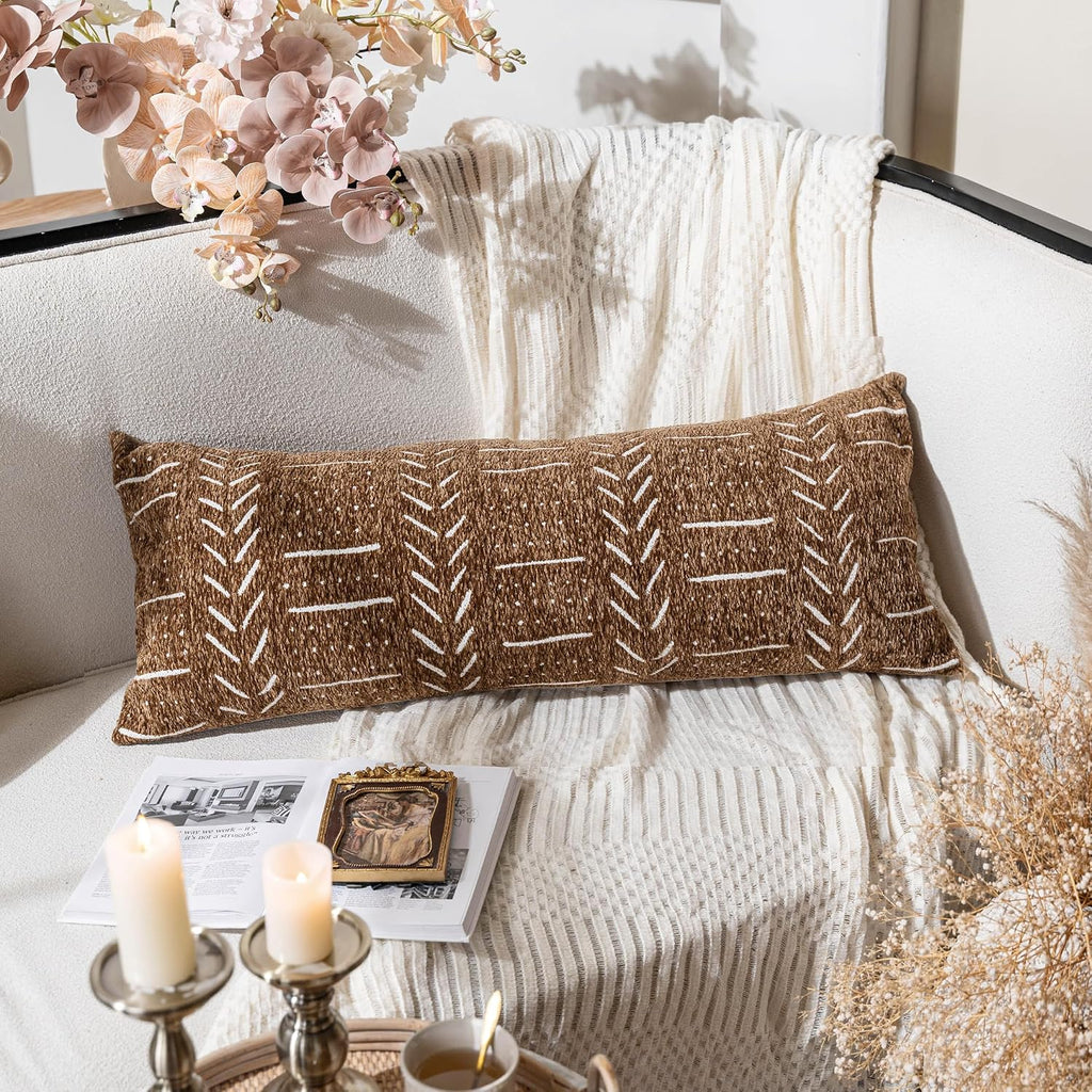 Boho Lumbar Throw Pillow Cover 14X36, Brown Decorative Long Accent Body Lumbar Pillow, Farmhouse Woven Textured
