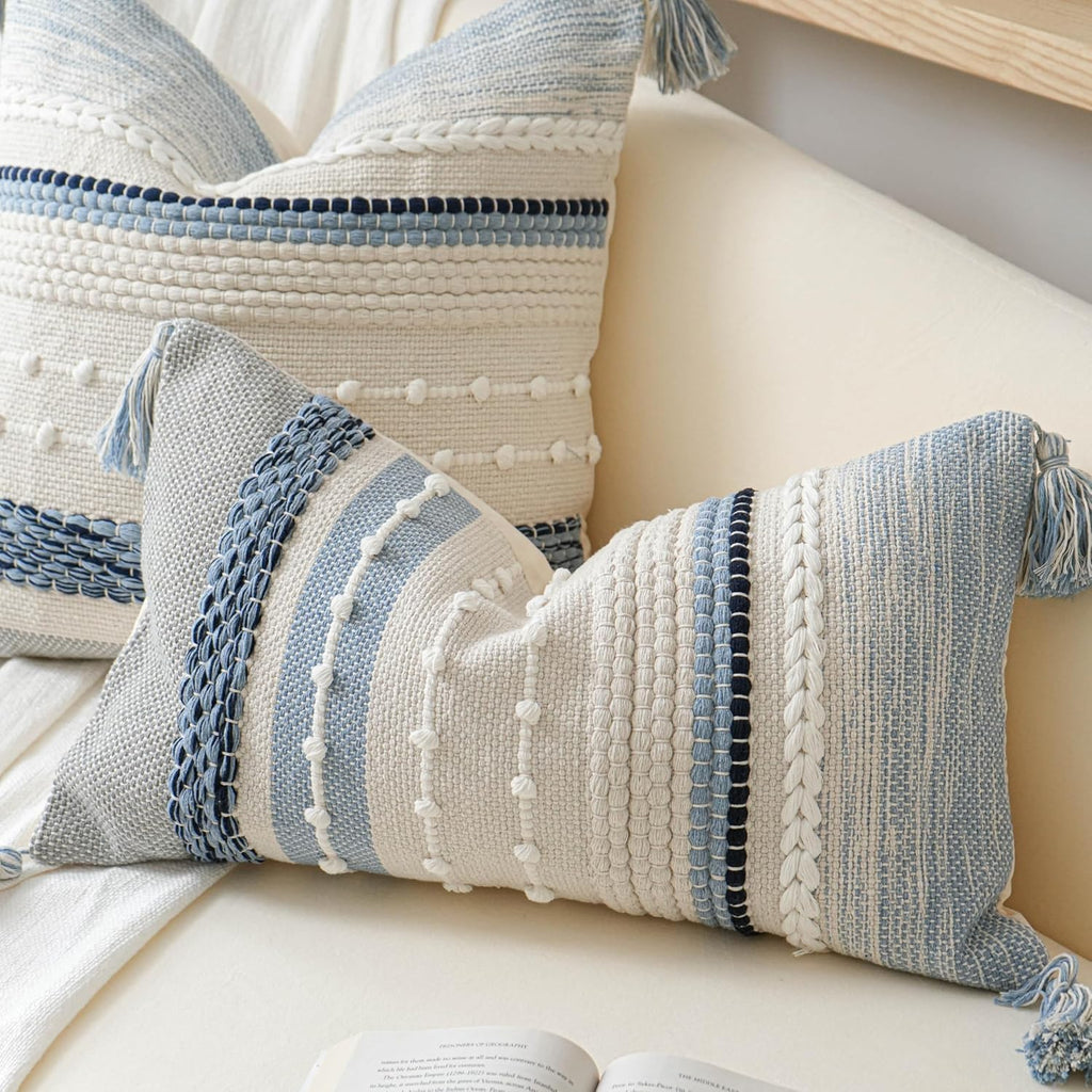 Coastal Blue Boho Decorative Throw Pillow Cover 20x20 Modern Bohemian Accent Pillow Case Square Woven Textured