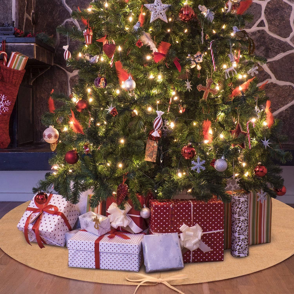 48 Inch Burlap Christmas Tree Skirt, Natural Beige Round Xmas Cover