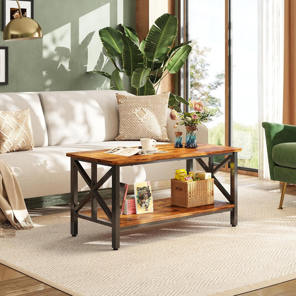 Coffee Table, 39" Modern 2-Tier Center Table with Round Corners, Storage Shelf