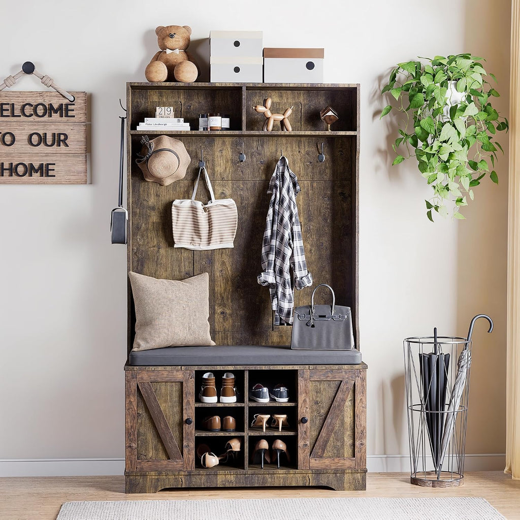 71" Hall Tree with Bench and Shoe Storage, Entryway Hall Tree with 2 Doors and 6 Adjustable Shelves, Cushioned
