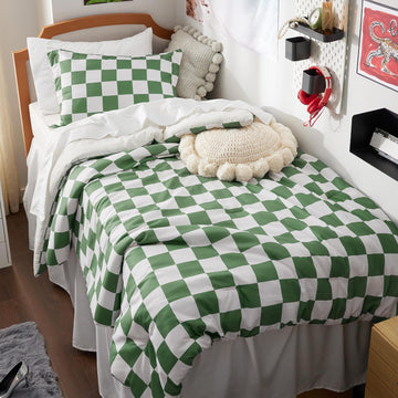 Comforter Set - Extra Long Comforter Set, Checkered Dorm Bedding for Boys, 2 Pieces, 1 Soft Green