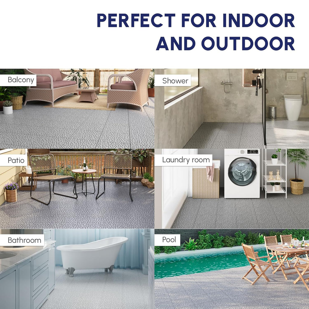 12 Pcs Deck Tiles, Pebble Pattern Plastic Interlocking Deck Tiles, 12" x 12" Patio Flooring Outdoor Waterproof All