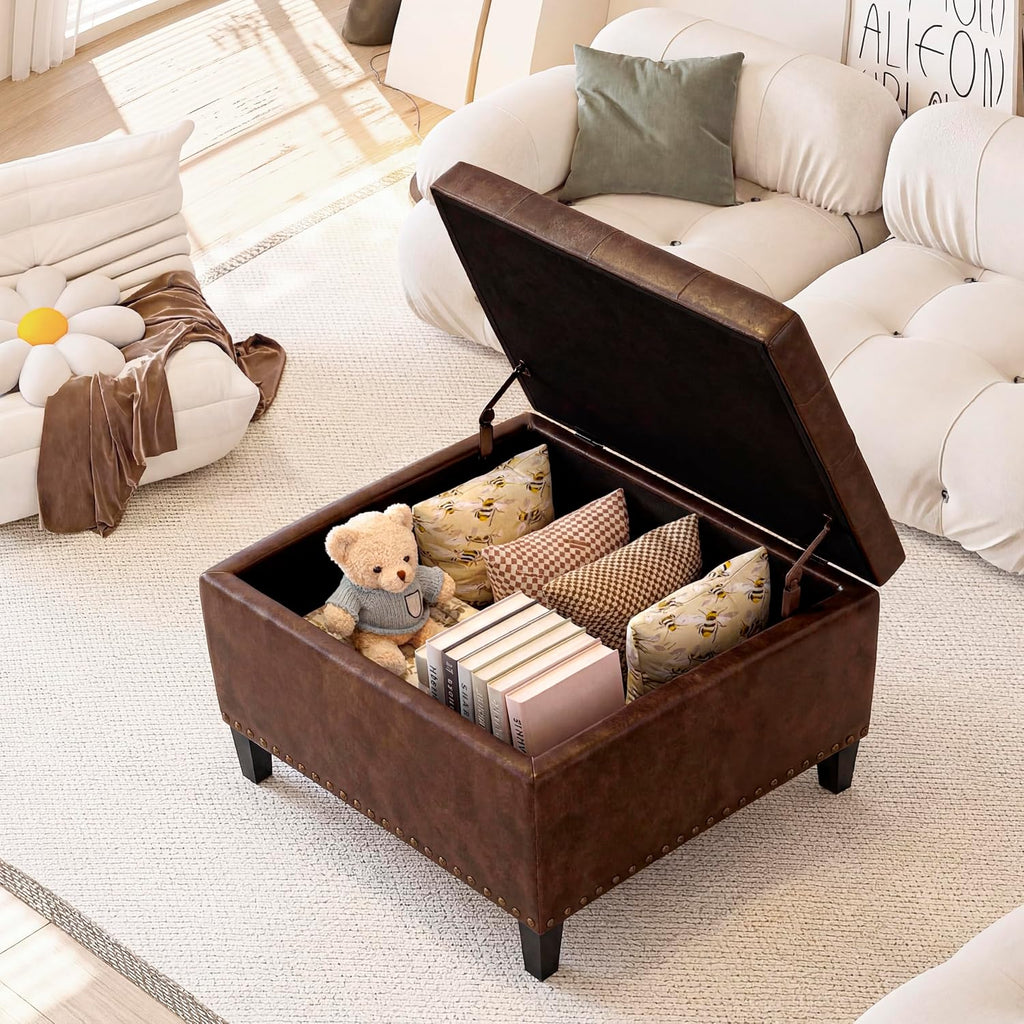 Faux Leather Storage Ottoman Bench, Square Tufted Coffee Table
