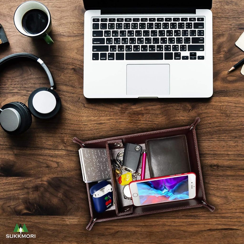 Valet Tray for Men and Women - PU Leather Nightstand Organizer with Desk Catchall Tray, Dresser Box for Keys, Jewelry