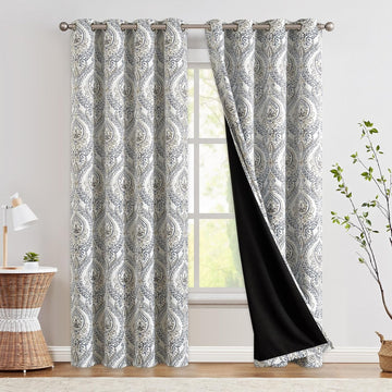 Blackout Curtains Blue Damask Medallion Curtain for Bedroom Black Out Drapes Printed Vintage Luxury