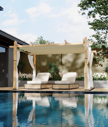 Modern Aluminum Outdoor Pergola with Retractable Canopy and Mesh Sides, Faux Wood Grain, Waterproof Gazebo for Patio