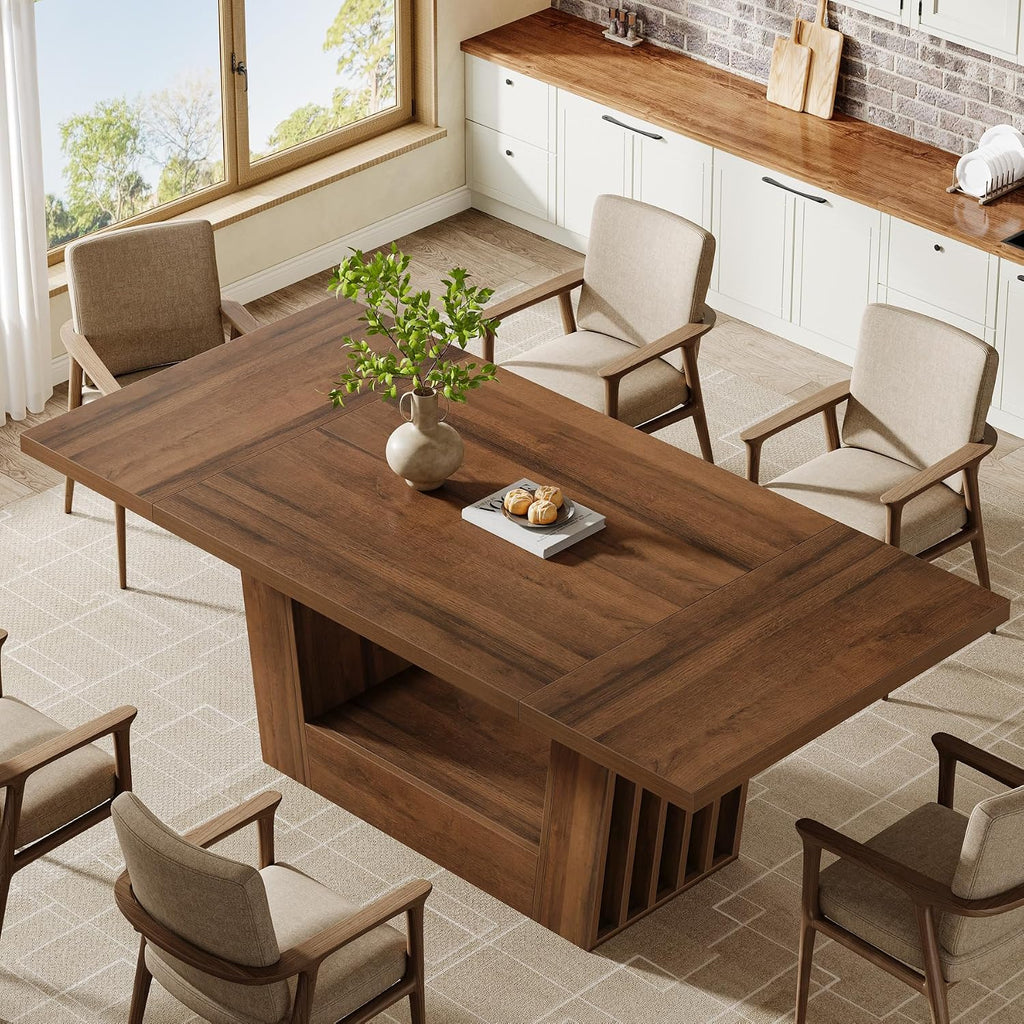 63-Inch Dining Table for 4-6, Farmhouse Rectangular Kitchen Dinner Table with Heavy-Duty Base, Wood Dining Room