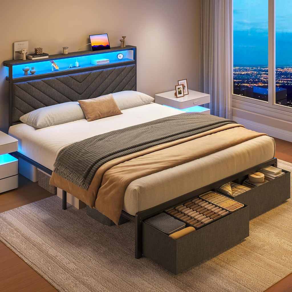Queen Bed Frame with 2 Drawers, Upholstered Headboard with Storage and Charging Station, LED Lights