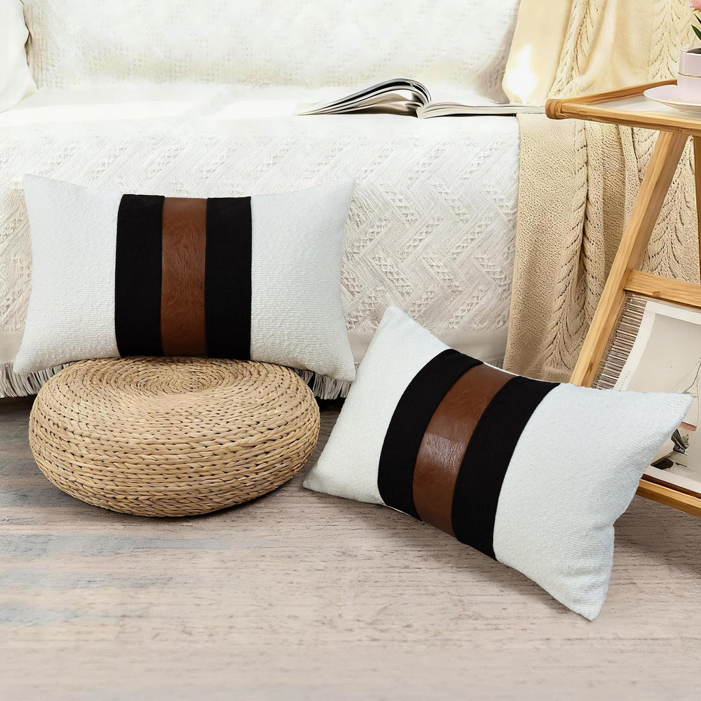 Boucle Patchwork Black Linen Throw Pillow Covers 12x20 Inch
