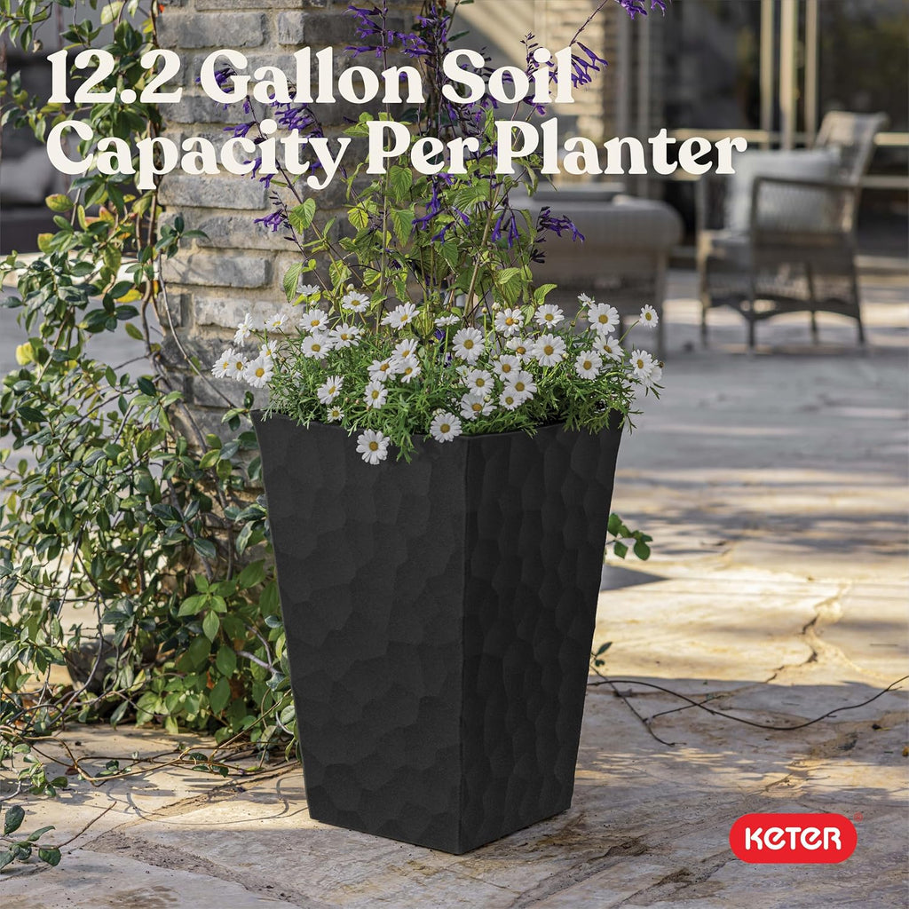 Stone Tapered Planter Set of 2, Tall 26.4‐Inch Resin Outdoor Flower Pots with Stone‐Look Finish and 12.2‐Gallon