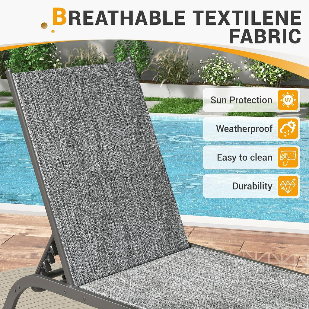 Aluminum Patio Lounge Chairs Set of 3 for Outside Poolside Chaise Chair | with Coffee Table 5 Adjustable Position