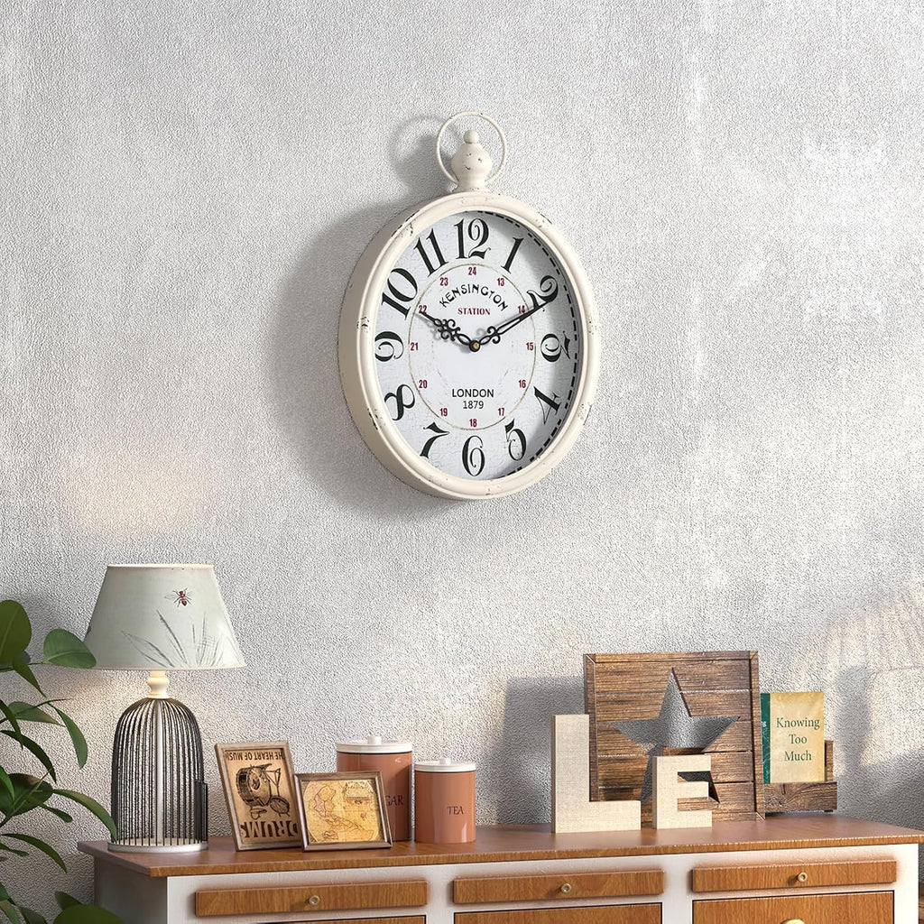 Menterry Oval Retro Wall Clock, Rustic Vintage Style, White Antique Design