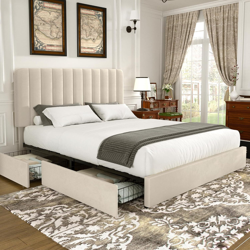 Queen Upholstered Bed Frame with 4 Drawers and Headboard, Velvet Platform Storage Bedframe, Wooden Slats Support
