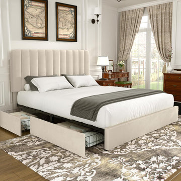 Queen Upholstered Bed Frame with 4 Drawers and Headboard, Velvet Platform Storage Bedframe, Wooden Slats Support