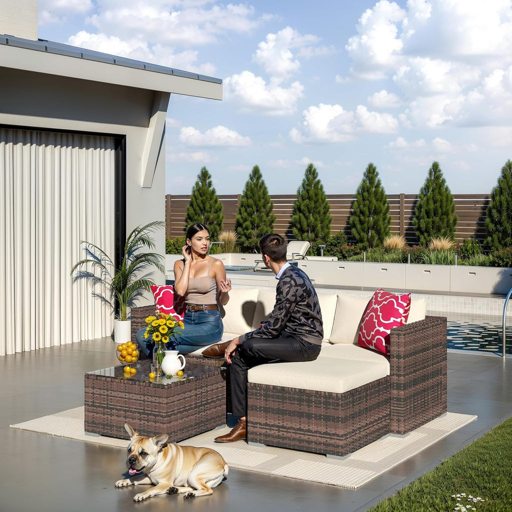 5-Piece L-Shaped Outdoor Patio Furniture Set, PE Wicker Sectional Sofa Set with Cushions and Tempered Glass Table