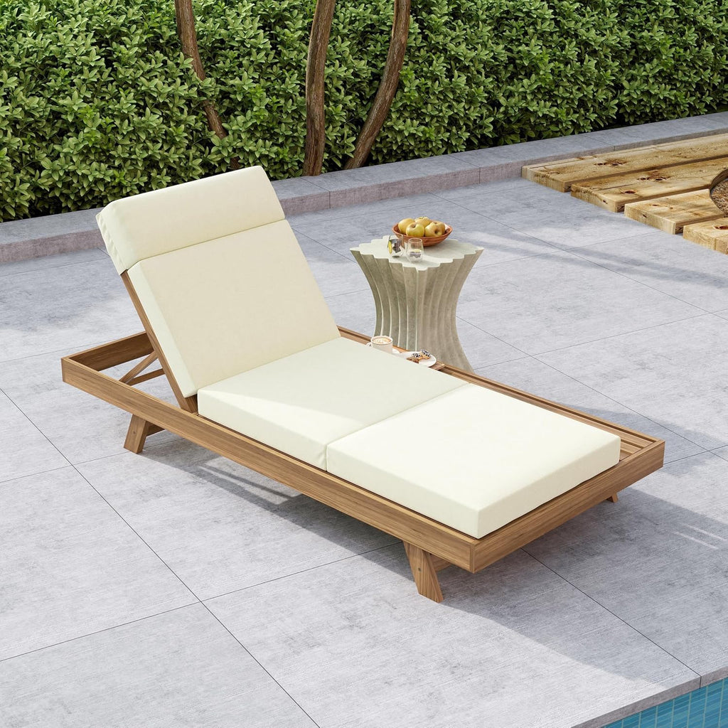 Chaise Lounge Chair Outdoor with 4'' Foldable Cushion, Acacia Wood Poolside Sun Lounger, Space Available On One