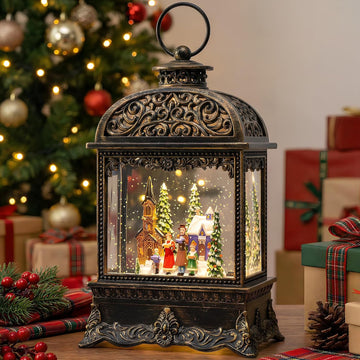 Christmas Village Snow Globe Water Lantern with Church Carolers Scene Battery Operated or USB Powered Musical Lighted
