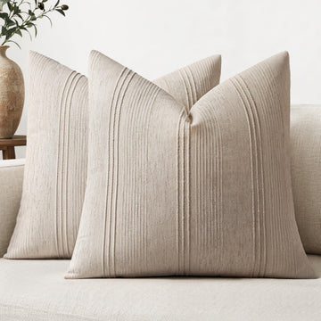 Decorative Striped Throw Pillow Covers 22x22 in Natural Linen 2 Pack