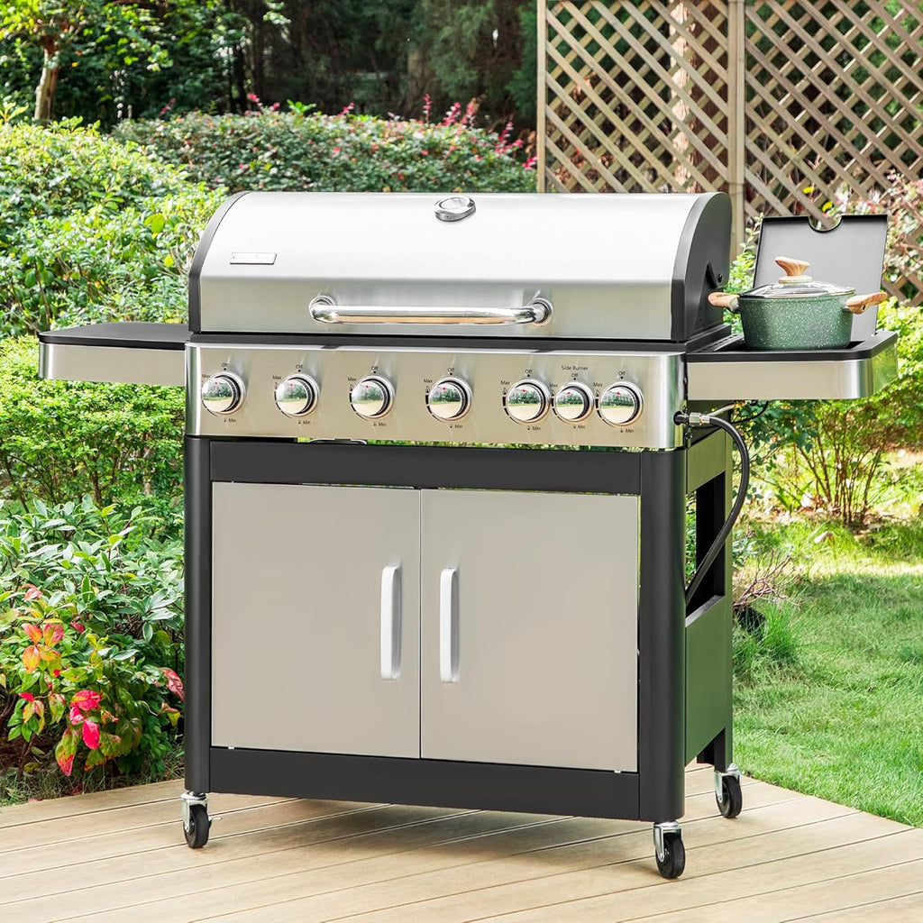 6-Burner Propane Gas Grill with Side Burner, 65,800 BTU BBQ Grill with Porcelain-Enameled Cast Iron Grates, 665 Sq. In. Cooking Area for Patio, Backyard, and Camping