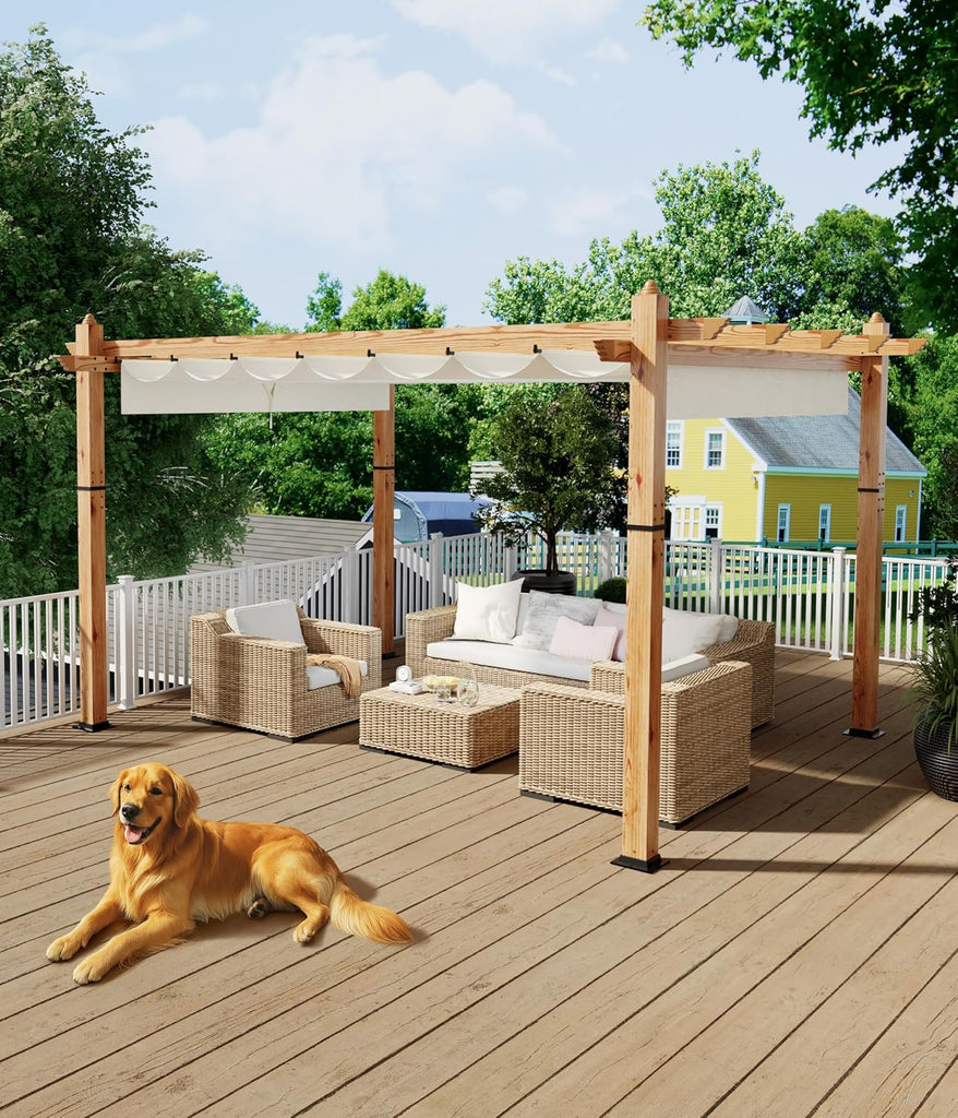 10 x 13 ft Wood-Grain Aluminum Pergola Outdoor Pergola with Retractable Canopy Sun Shade Shelter for Garden Patio Backyard Deck - Beige