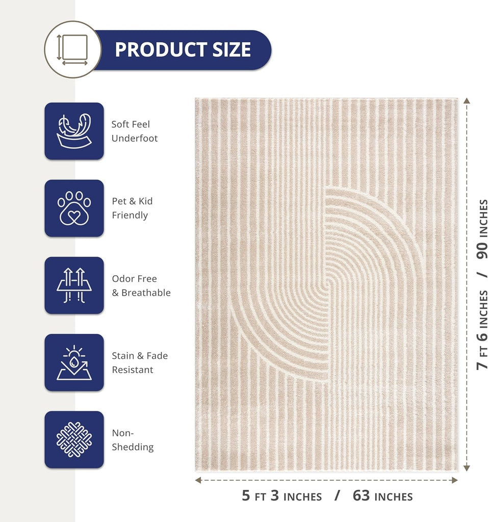 Area Rug for Living Room -Nuevo Beige Arch Pattern Area Rug, Soft and Durable Living Room Rug, Stain and Fade Resistant, Chic Modern Design, Pet & Kid Friendly