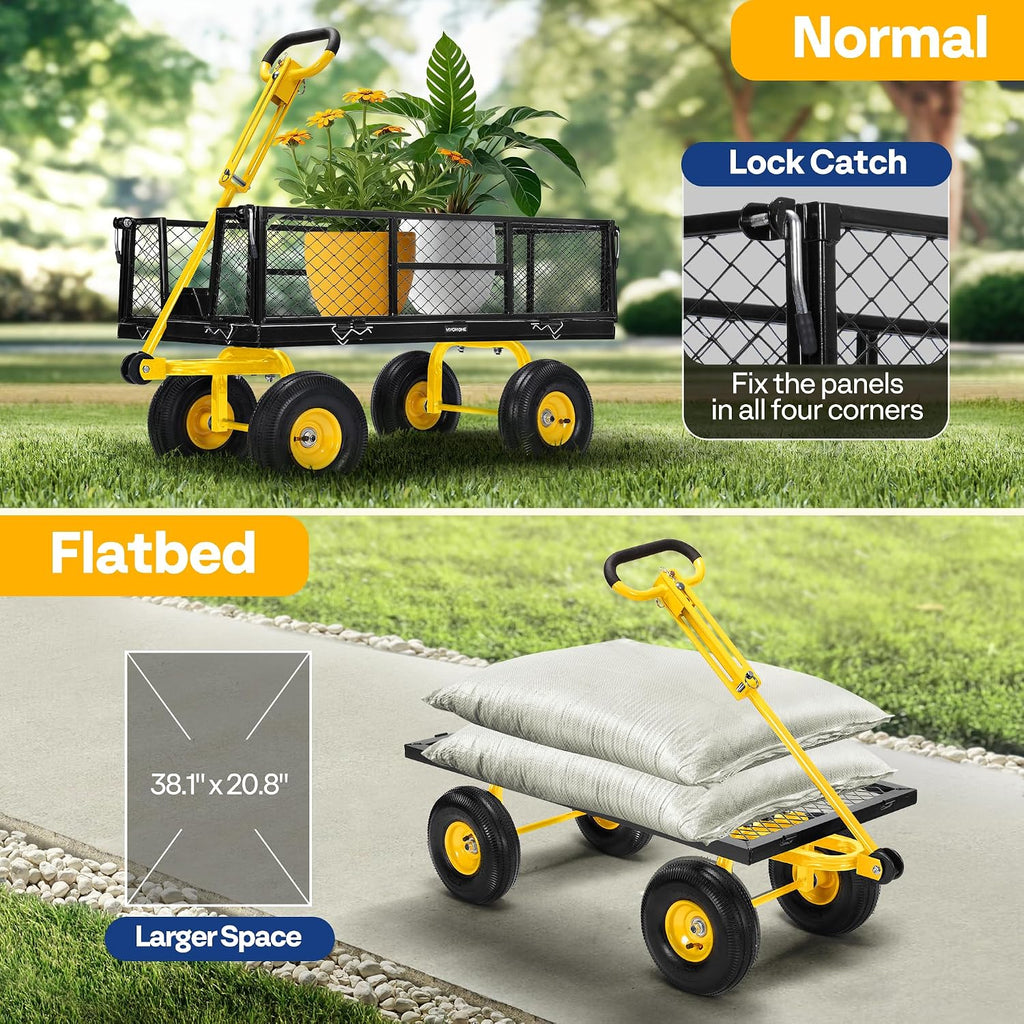 Steel Garden Cart Heavy Duty 900 LBS 4.5 Cu Ft Utility Wagon | Removable Sides, 10 inch Tire and Handle Attach to ATV