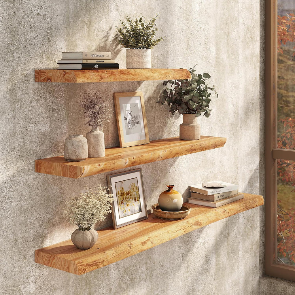 Floating Shelves Set of 2, Solid Elm Wood 24 Inch Wall Shelving | Natural Live Edge Grain, Heavy Duty Hidden