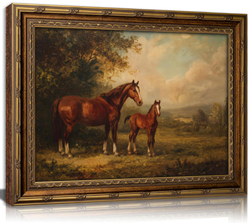 Vintage Gold Framed brown Horse Wall Art, Serene Mother and Foal Oil Wall Decor, Farmhouse Retro landscape Picture
