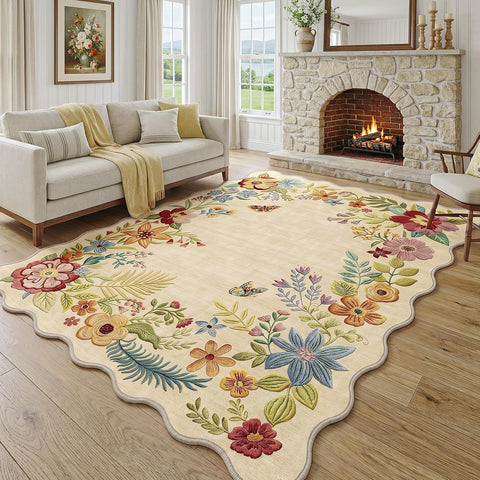 5x7 Floral Washable Area Rug Beige Neutral Vintage Flower Botanical Cottage Boho Cream Scalloped Sof