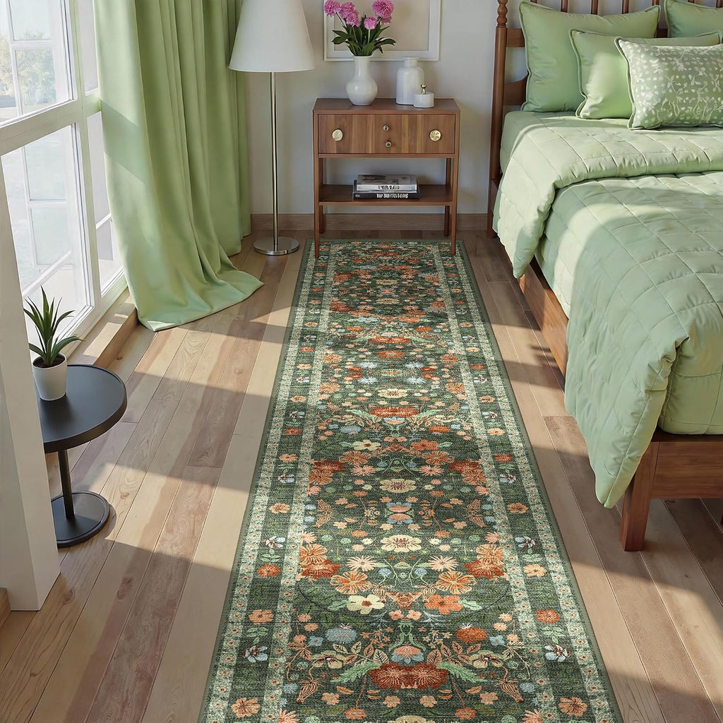 2x10 Extra Long Hallway Runner - Green Boho Washable Rug with Non-Slip Backing, Vintage Floral Low Pile Carpet