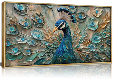 Framed Peacock Wall Art, Teal Blue Gold Wall Decor
