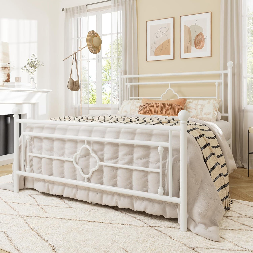 Full Metal Platform Bed Frame with Victorian Vintage Headboard and Footboard/Mattress Foundation/Under Bed Storage/No