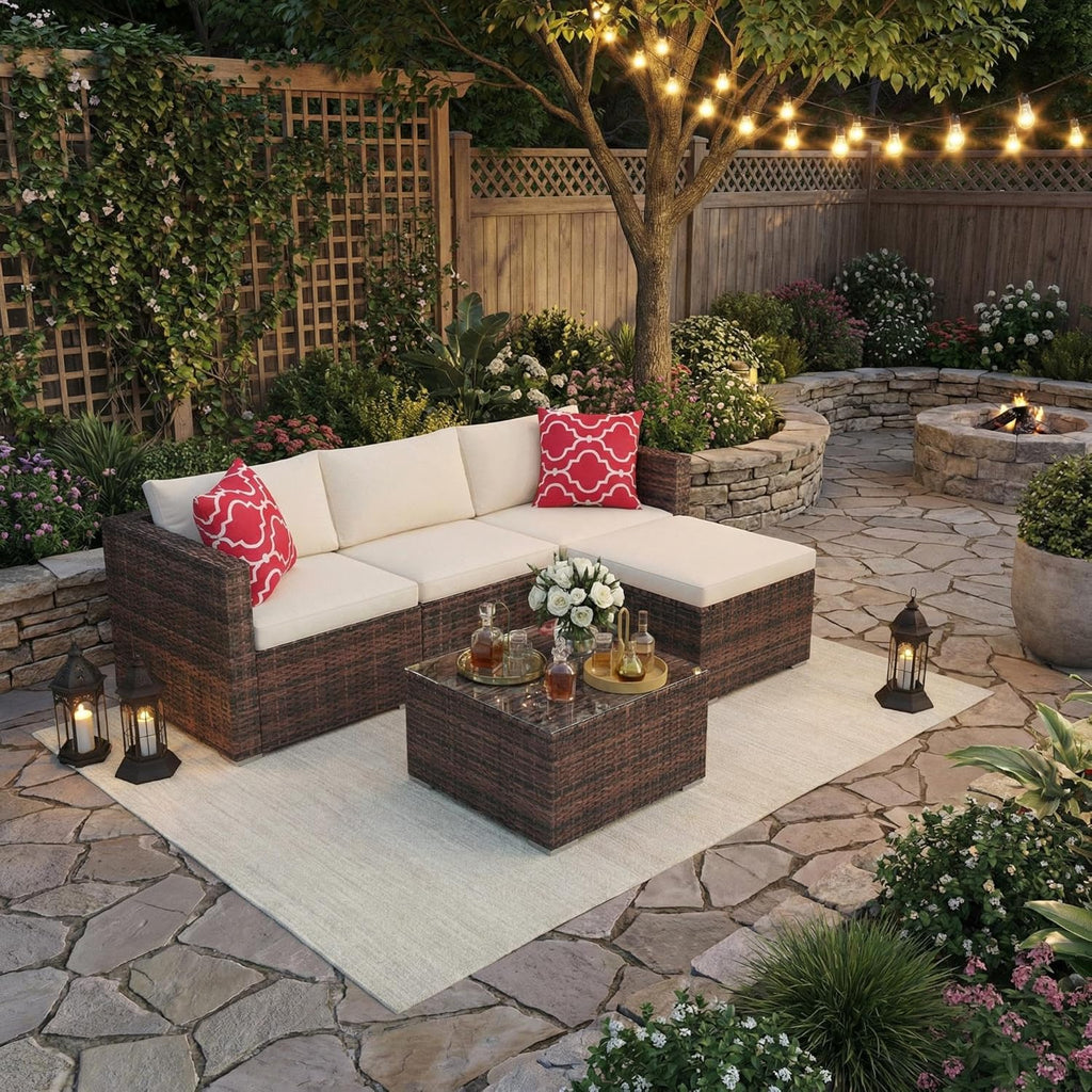 5-Piece L-Shaped Outdoor Patio Furniture Set, PE Wicker Sectional Sofa Set with Cushions and Tempered Glass Table