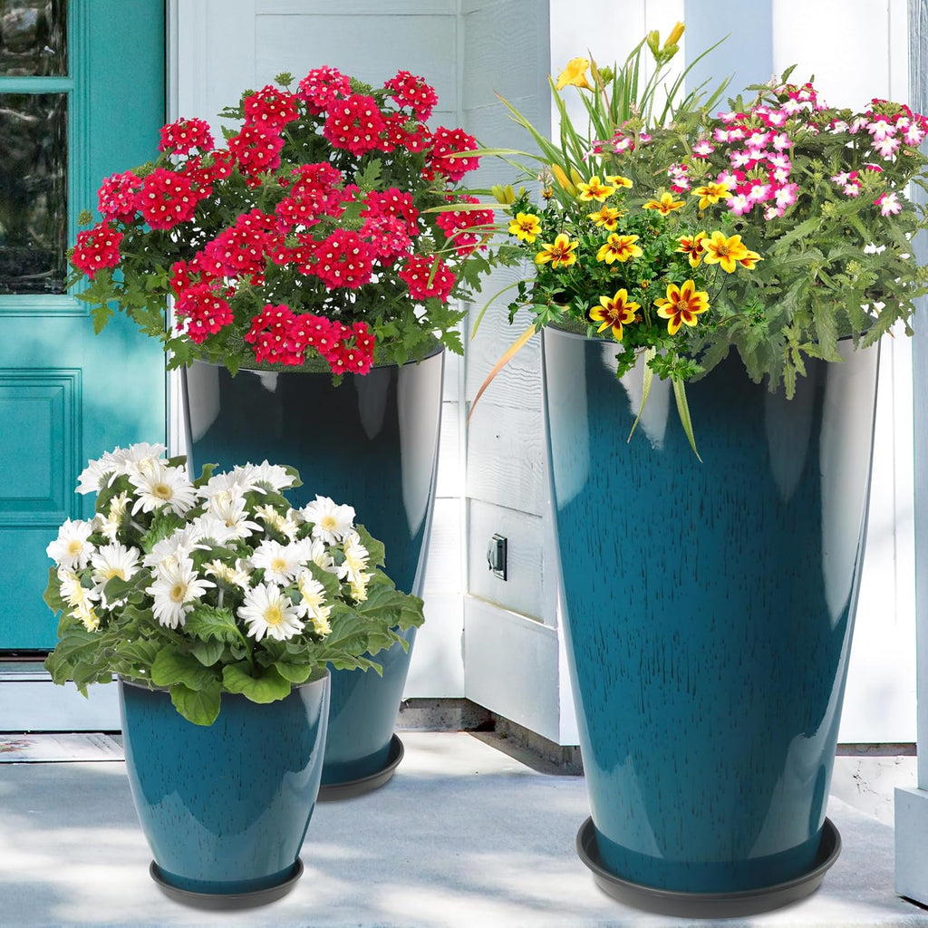 24-21-11 Inch Tall Planters for Outdoor Plants Set of 3 Blue | Tall Planters Blue Glossy Round Planter with Drainage