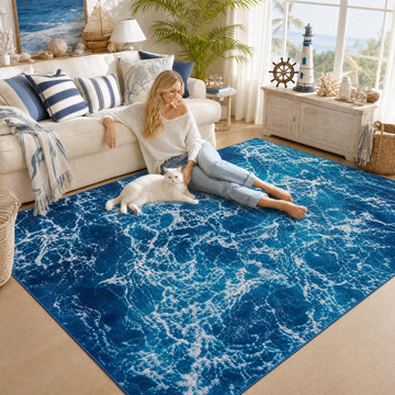 Blue Ocean Area Rug Sea Waves Rugs Coastal Carpet Living Room Bedroom